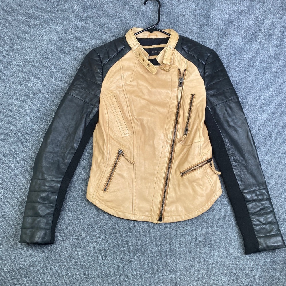 Zara Basic Womens Tan Black Lambskin Leather Moto Biker Jacket Size M Two Tone